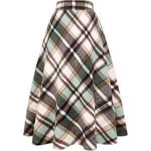 Womens Long Green/New Elastic Waist A-Line Pleated Tartan Long Plaid Wool Skirts